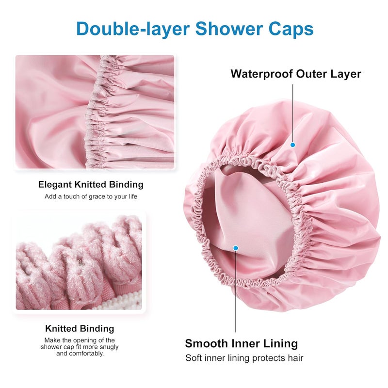 CHFONG Shower Cap for Women, Double Layer Waterproof Bath Cap, Reusable Hair Protector, Large Waterproof Shower Bonnet Washable Elastic Band Bath Hair Hat for Long Hair, Braids， - Pink - Image 5